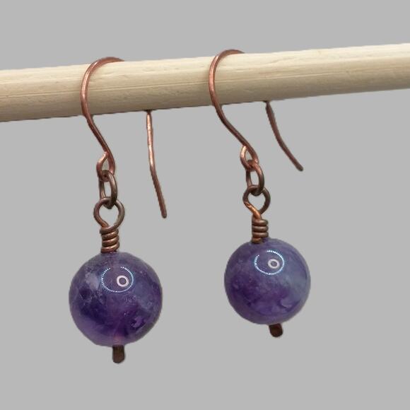 Amethyst Copper Wire Earrings Artisan 12mm Round Purple Gemstone Drop Dangle New - Picture 1 of 8